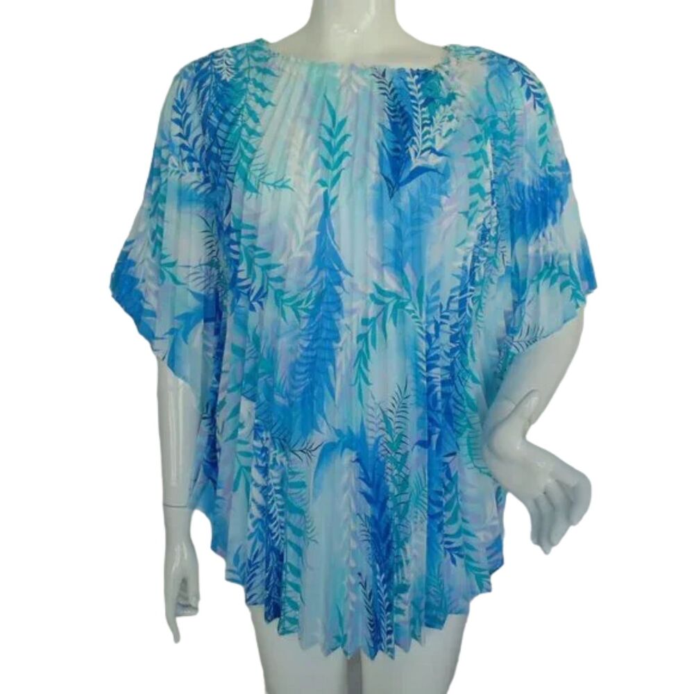Vintage Pleated Top, OS, Accordion Folds, Blue Leaf, Unstructured, Side Seam